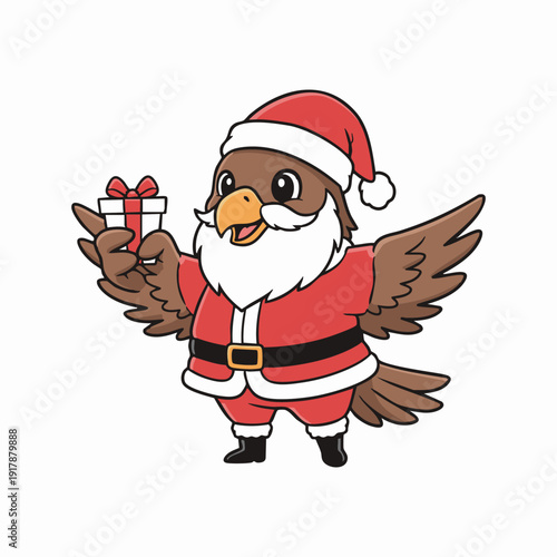 cartoon santa hawk holding christmas gift