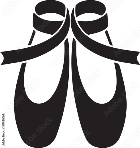 Ballet Pointe Shoes Silhouette Icon, Black silhouette of classic ballet pointe shoes with ribbons, ideal for dance studio branding, performing arts logos, and graceful design themes.