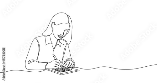 Female adult writing at desk in minimalist line art drawing. No editable stroke