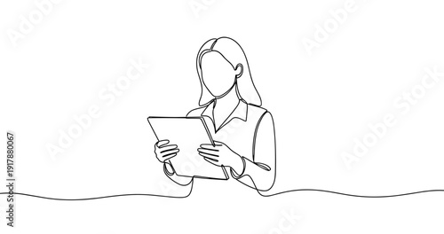 Young caucasian female reading document line art. No editable stroke