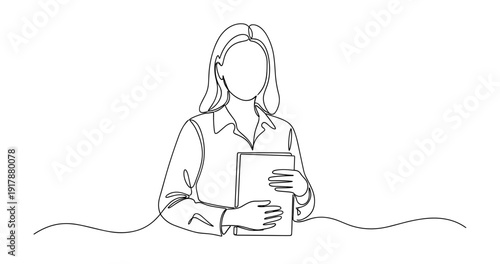 Line drawing of female holding book with blank face. No editable stroke
