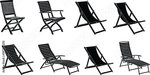Silhouettes of diverse outdoor and patio chairs in various designs, including recliners, folding seats, and lounge furniture, perfect for furniture design, decor, and ergonomic concepts