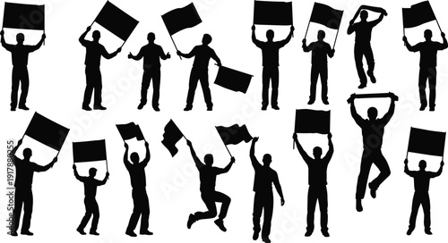 Silhouettes of diverse people holding flags and banners in protest, demonstration, or celebration, symbolizing unity, activism, freedom, and collective social movements worldwide