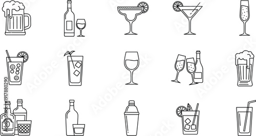 Alcoholic Drinks Icon Set Vector Illustration Beer Wine Cocktail Glasses Bottles Line Art Collection Isolated on White Background