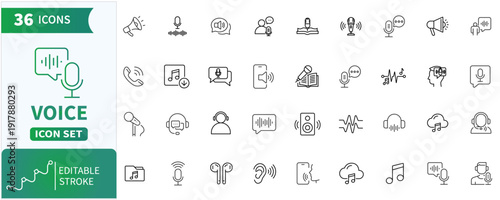 Voice web Line Icons Set. Sound Wave, Audio, Speech, Message, Digital Assistant Symbols. Editable Stroke. Vector Illustration.