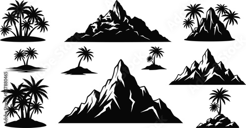Silhouettes of mountains and palm trees in tropical landscapes, combining rugged peaks and island scenery, perfect for travel, nature, adventure, and design concepts worldwide
