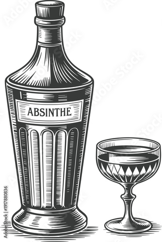 Absinthe bottle illustration, vintage alcohol artwork, black and white drawing, classic liquor design, decorative vector art, bohemian culture motif, cad drawing flat vector illustration