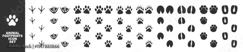 Set of different animals and birds footprints and traces isolated on transparent. Cat, lion, tiger, bear, dog, cow, pig, chicken, elephant, horse etc