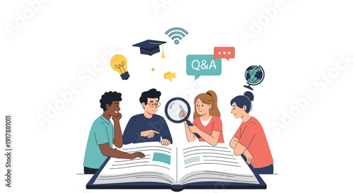 Diverse students collaborating around a large open book, studying and learning together.