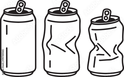 aluminum beverage unopened, bent, and crushed soda cans icon outline vector illustration