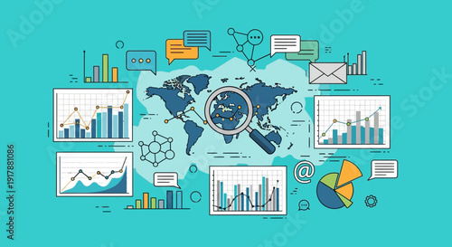 Global business analytics, data visualization, and market research with world map and charts