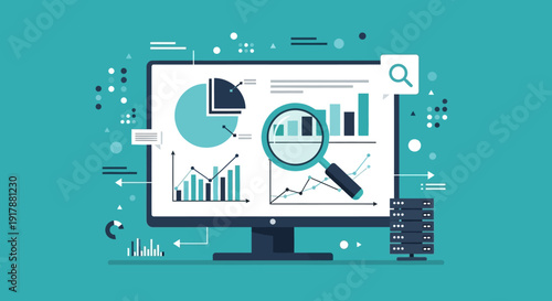 Business analytics dashboard on computer screen with charts, graphs, magnifying glass, and server rack.