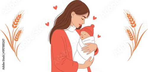 Stylized illustration of mother lovingly holding baby with hearts and wheat stalks, symbolizing maternal love, care, bonding, nourishment, and family affection