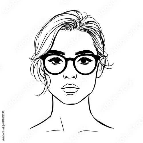 Dibujo sencillo con líneas de la cara de una mujer con lentes