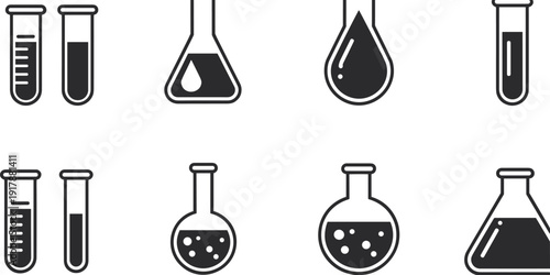 Laboratory glassware icons illustration, test tubes flasks chemical science equipment silhouettes isolated for research experiment education design creative projects use