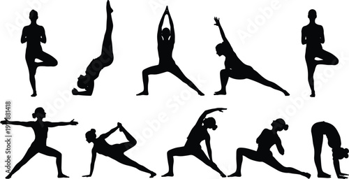 Ten yoga pose silhouettes featuring standing, balancing, stretching, and inverted positions, showcasing flexibility, strength, and balance for fitness, instructional, and artistic design use