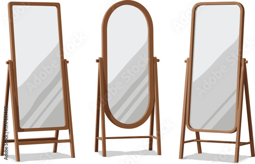 Three Freestanding Mirrors with Wooden Frames Oval and Rectangular Keywords: mirror, freestanding, wooden frame, oval mirror