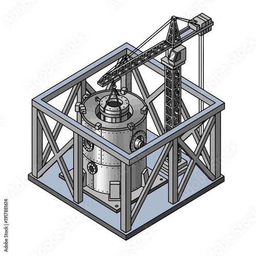 Industrial equipment in a metal frame structure with a crane.