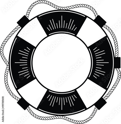 Life preserver ring illustration, maritime safety artwork, nautical rescue design, black and white vector art, decorative icon drawing, cad drawing flat vector illustration