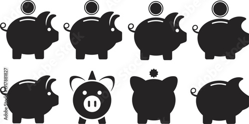 Piggy bank icon collection silhouette illustration, savings finance money deposit symbol cartoon pig bank financial investment budgeting concept design