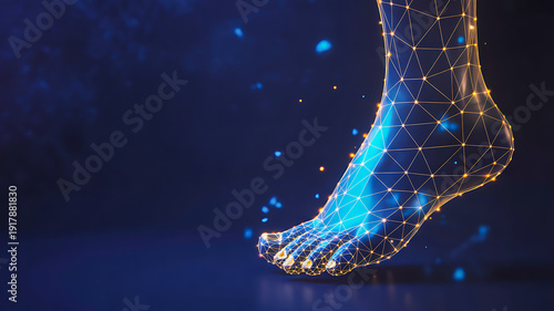 Digital wireframe human foot glowing in futuristic medical technology concept

