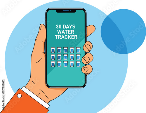 Water tracker smartphone illustration, hydration app artwork,, daily intake vector art, modern lifestyle motif drawing, digital fitness icon, cad drawing flat vector illustration