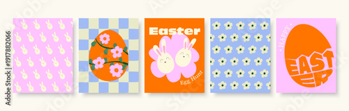 Modern Easter Greeting Card Set – Cute Bunny, Floral Egg and Seamless Spring Patterns