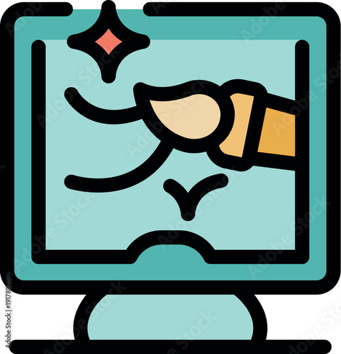 Brush painting on monitor with digital art software, representing creative design process