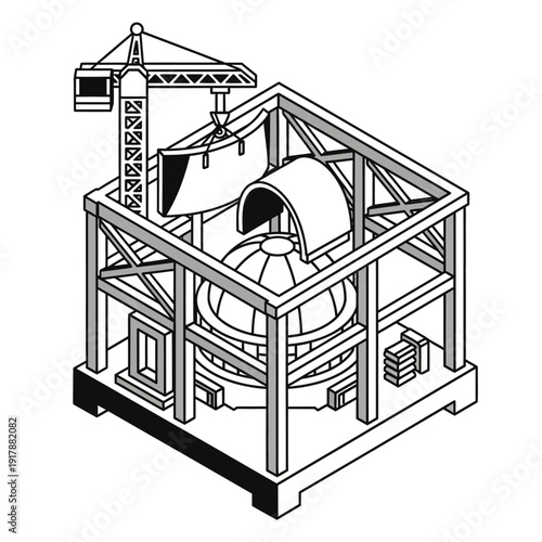 Industrial construction site with crane and metal framework.
