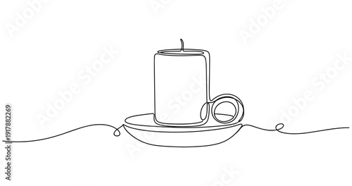 Minimalist line art of a coffee mug on a saucer with continuous line technique. Non editable stroke