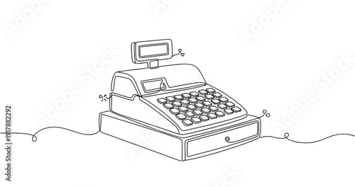 Continuous line drawing of a vintage cash register with display and keys. Non editable stroke