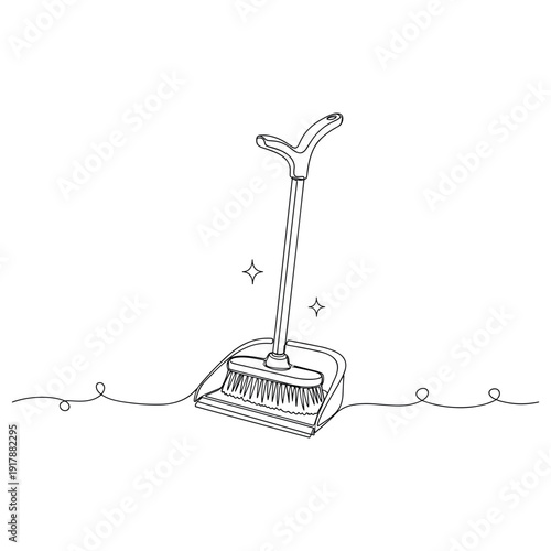 Illustration of broom and dustpan with handle in black and white. Non editable stroke