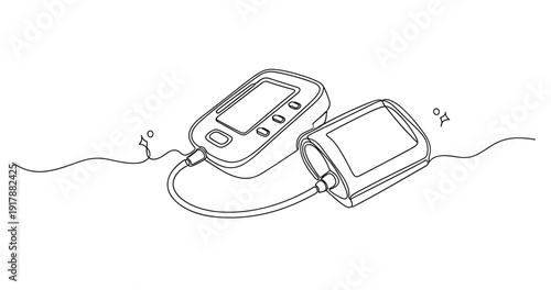 Digital blood pressure monitor with cuff - medical device illustration. Non editable stroke