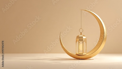 Golden lantern hanging from a crescent moon symbolizing iftar during Ramadan