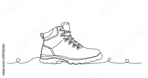 Continuous line drawing of hiking boot with detailed laces and sole. Non editable stroke