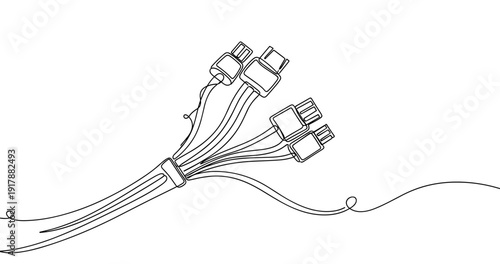 Continuous line drawing of usb cables on white background. Non editable stroke