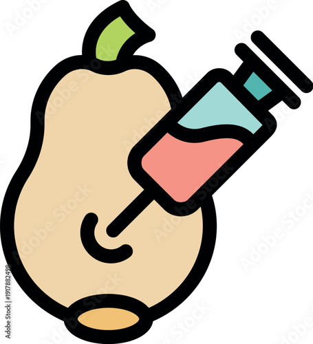 Syringe injecting liquid into a pear, representing genetic modification in food production