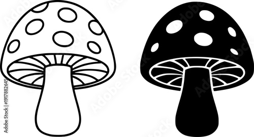 Nature and plant icon, vector illustration of mushroom, black and white in outline and silhouette design style