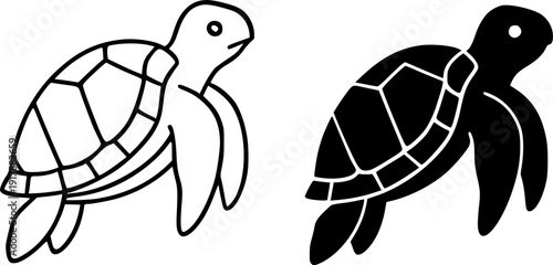 Sea animal icon, vector illustration of sea turtle, black and white in outline and silhouette design style