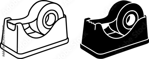 Icon, vector illustration of tape dispenser, black and white in outline and silhouette design style