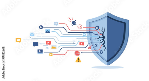 Digital Fortress Under Siege: A conceptual depiction of cybersecurity, showing a shield fractured by a cyberattack, emphasizing the vulnerability of digital data.
