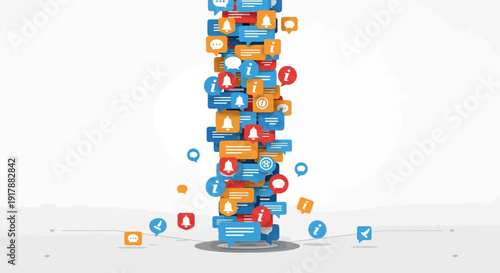 Digital Communication Avalanche: A cascade of social media icons, notifications, and alerts plunges downward.