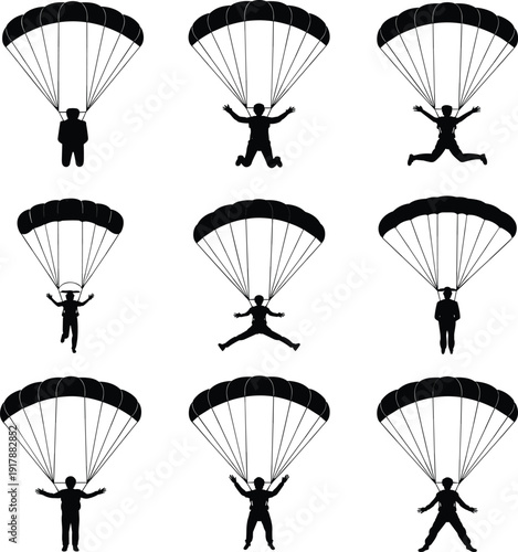 Set of skydiver parachute silhouettes in different poses, extreme sport parachuting collection, black isolated vector icons of paratroopers descending with canopy on white background