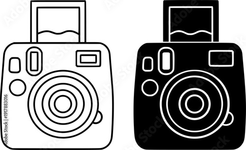 Technology icon, vector illustration of instant camera, black and white in outline and silhouette design style