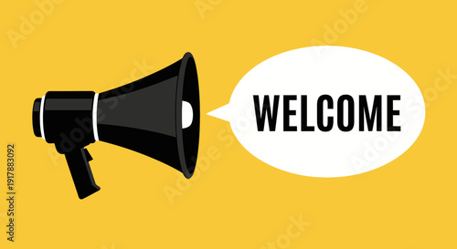 A graphic showing a megaphone announcing welcome with speech bubble on a yellow backdrop