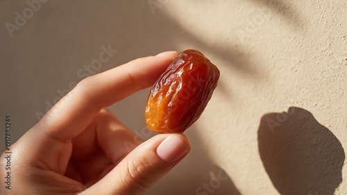 Hand holding date fruit for iftar meal during Ramadan, close-up view