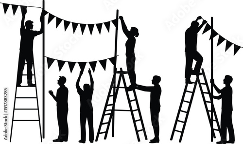 People decorating event with bunting flags silhouettes, teamwork on ladders festival preparation vector illustration, party and community celebration concept design