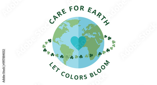 Eco friendly earth icon with heart and leaves, care for earth logo. Includes globe, heart, green leaves. Created in minimalist vector style with green and blue palette.