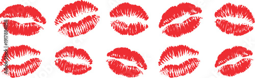Red lipstick kiss marks collection, sexy lips print symbols, love romance beauty concept, bold vector illustration isolated on white background