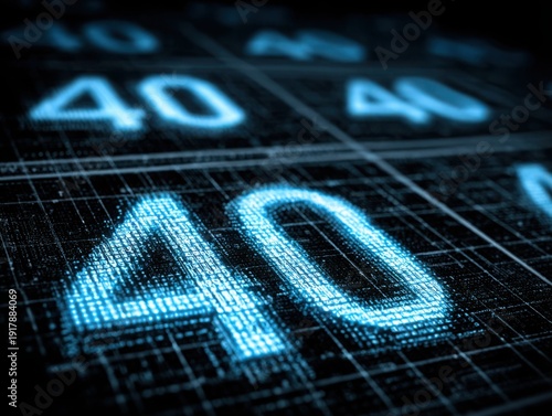 Digital display of number 40 in futuristic design with grid background  